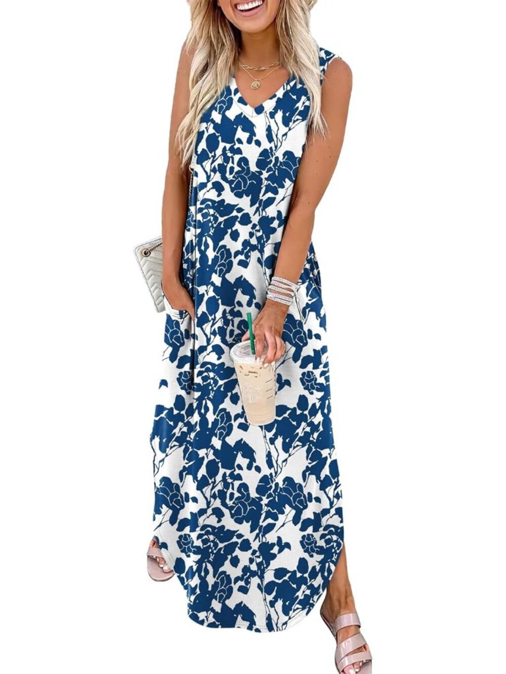 Women's Floral Blue White Porcelain Summer Maxi Dress Beach Sundress with Pocket